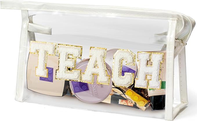 CY2SIDE TEACH Clear Makeup Bag - White TEACH Letter Patch Cosmetic Bag with Handle for Travel PVC... | Amazon (US)
