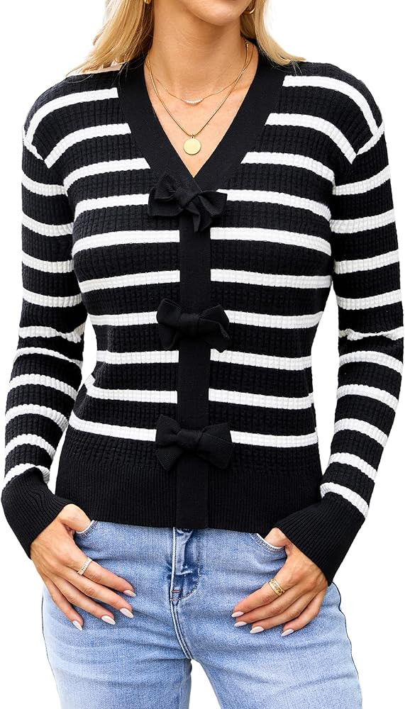 Blooming Jelly Womens Fall Sweaters Striped Cropped Sweater Lightweight Knit Sweater Bow V Neck P... | Amazon (US)