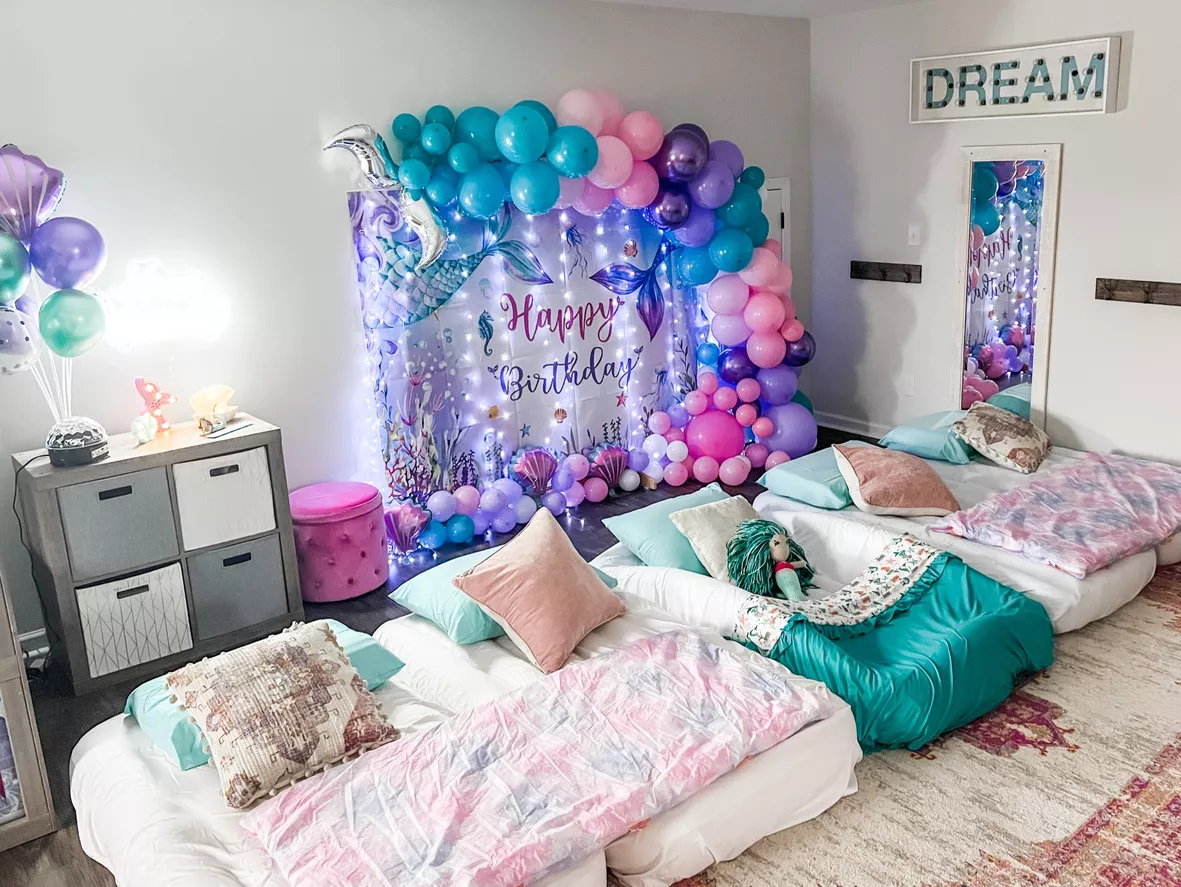 Sleepover Pajama Party Decorations for Girls and Women, Backdrop, Hot Pink  Balloon, Garland Kit, Night Party Supplies