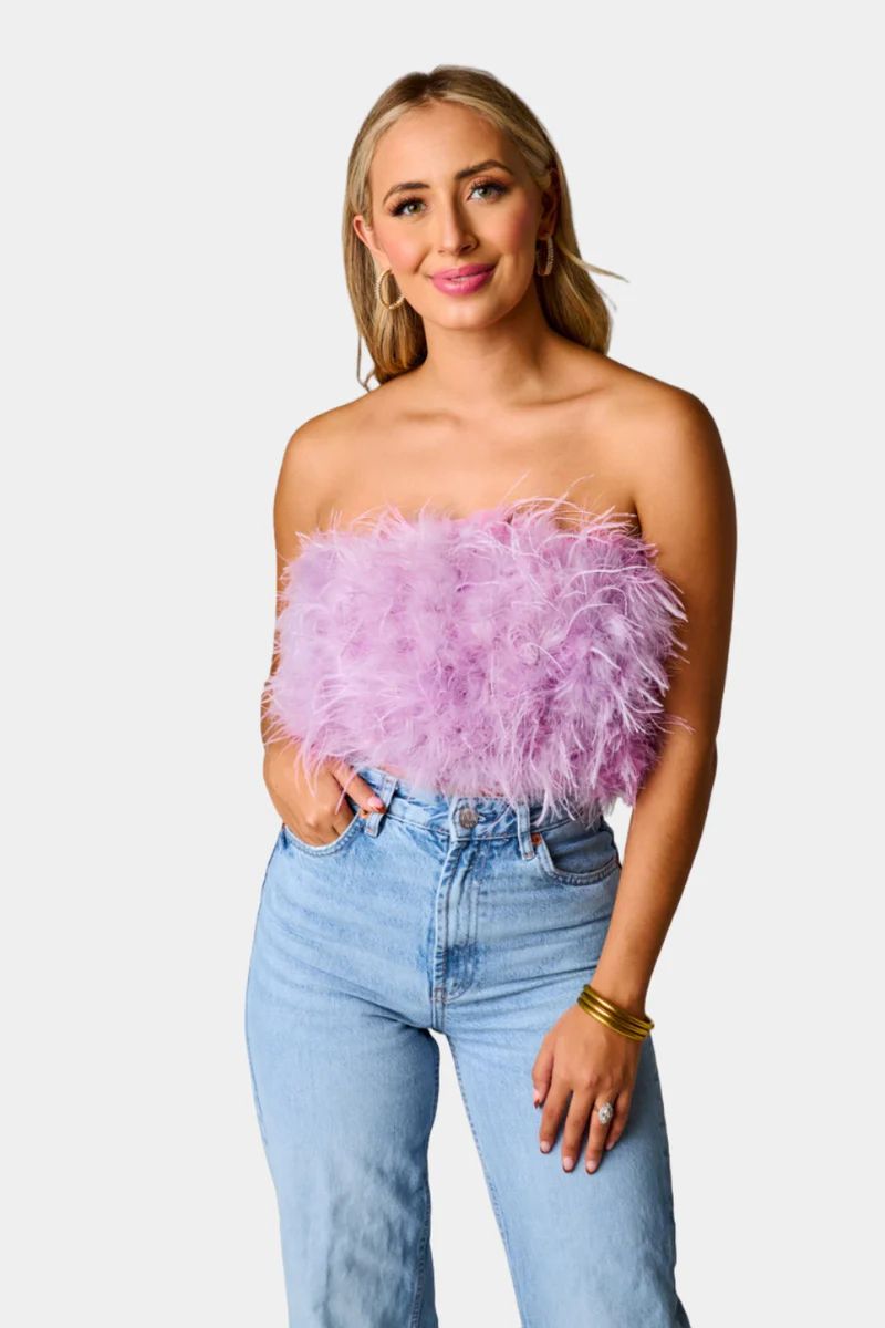 Fancy Strapless Feather Crop Top - Lavender | BuddyLove
