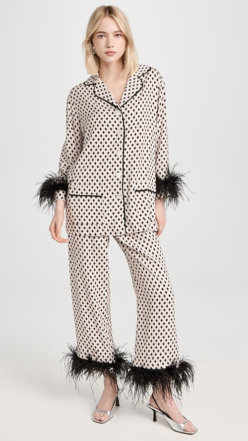 Party Pajama Set with Double Feathers in Black print | Shopbop