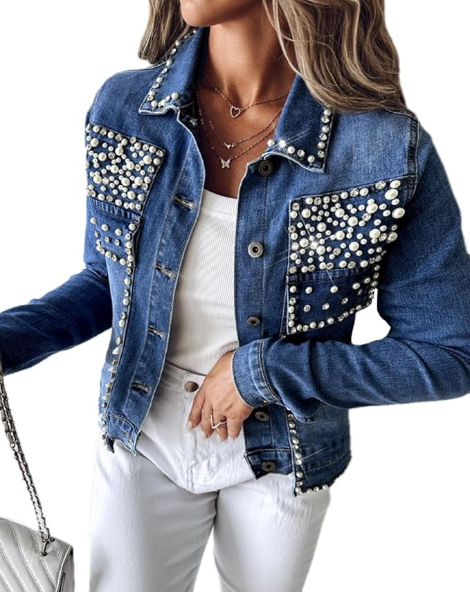 Women's Pearls Denim Jacket Cropped Rhinestones Jean Blazer Coat | Amazon (US)