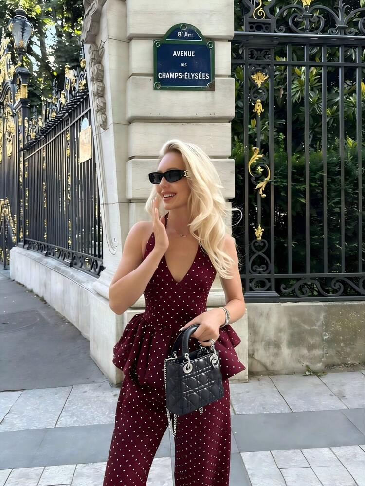 2pcs/Set Polka Dot Elegant Backless Women Outfit, Suitable For Holiday & Everyday Wear Summer | SHEIN