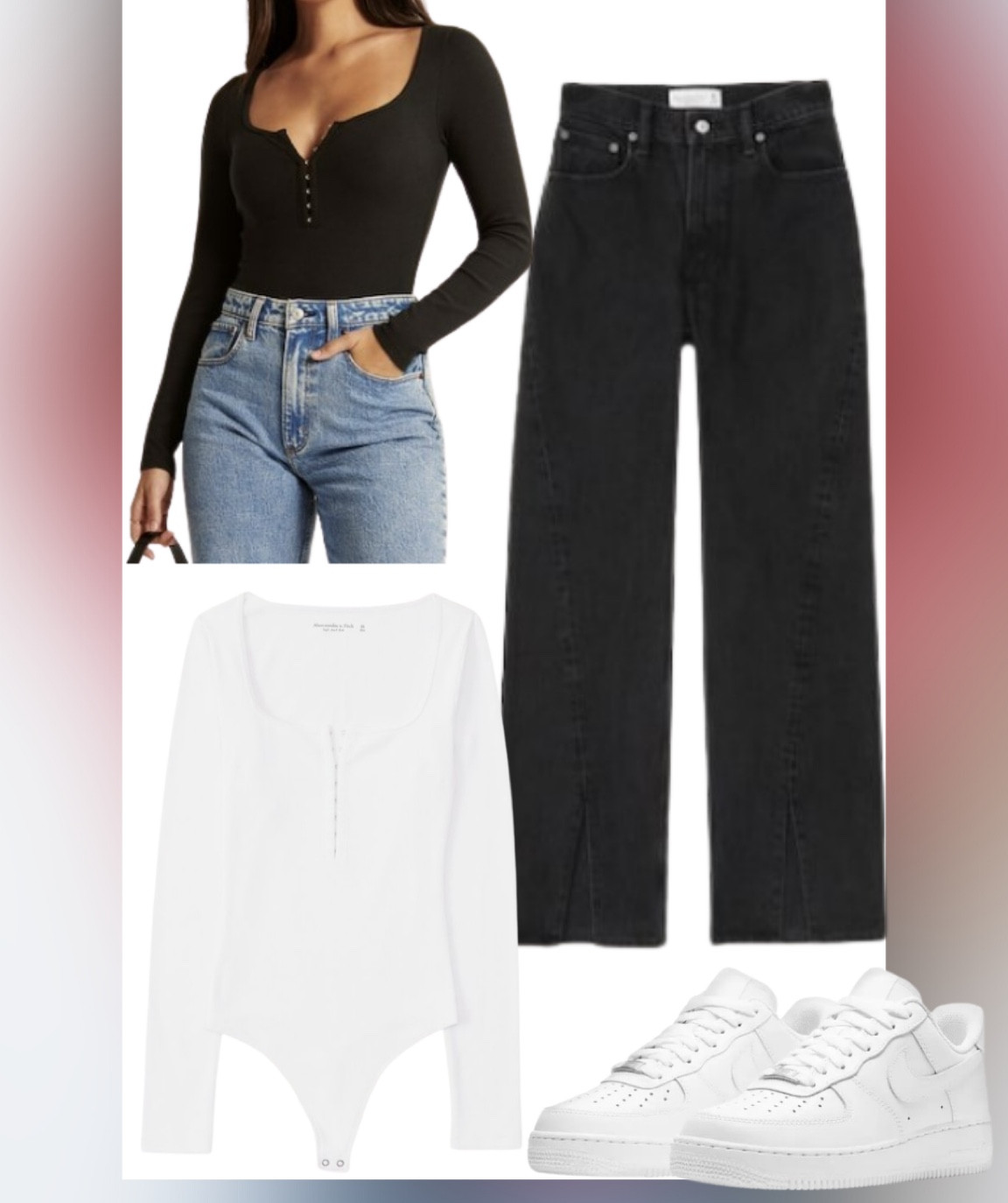 Abercrombie finds 
•
•
black jeans, split ankle hem, Abercrombie sale, bodysuit, Air Force 1, Nike

#LTKSale