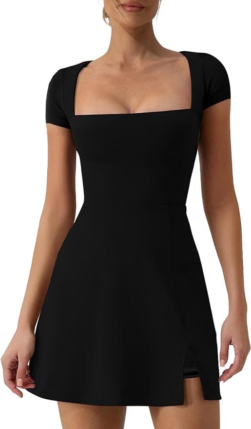 elelady Women's Athletic Tennis Dress with Shorts Square Neck Short Sleeve Workout Golf Side Slit... | Amazon (US)