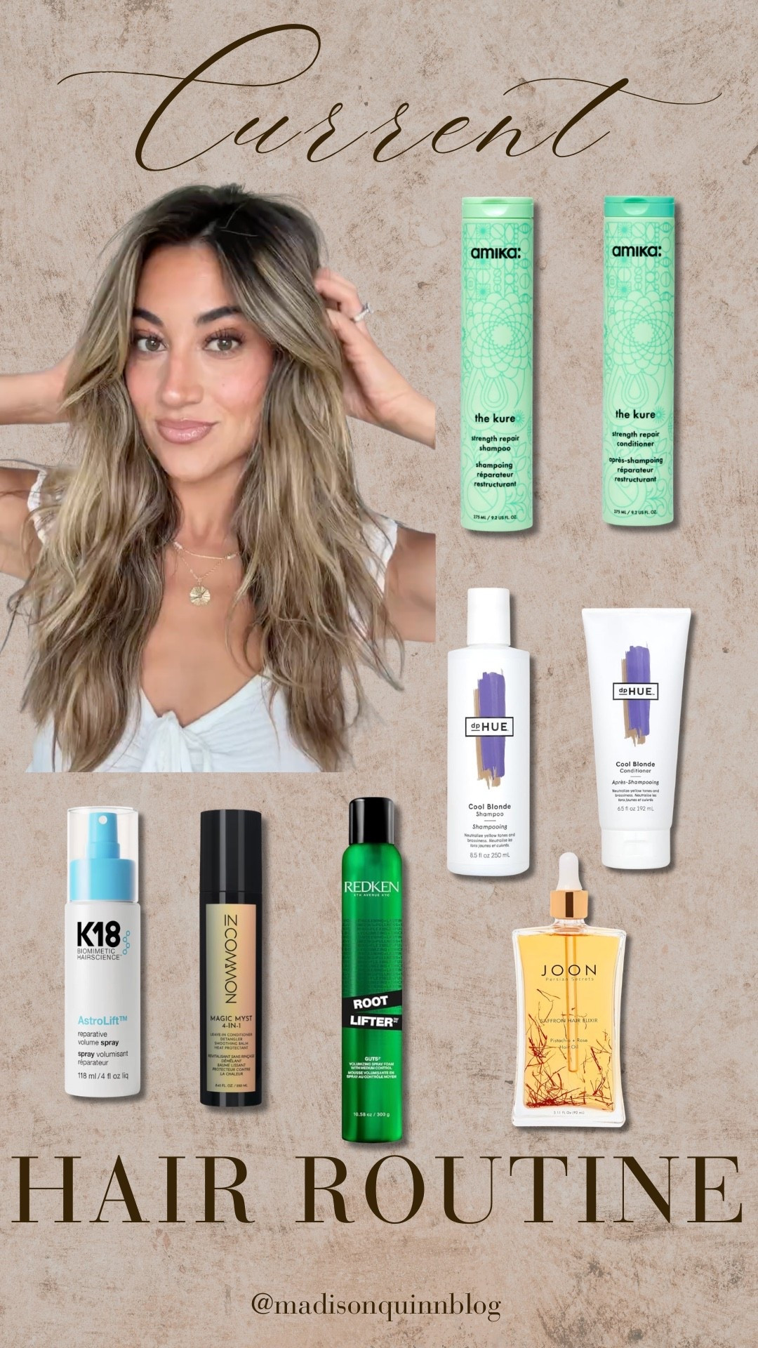 Here is my current hair routine! 

Haircare blonde purple shampoo hair oil root lift amika in common joon k18 beauty favorites

#LTKgrwm #LTKSeasonal #LTKBeauty
