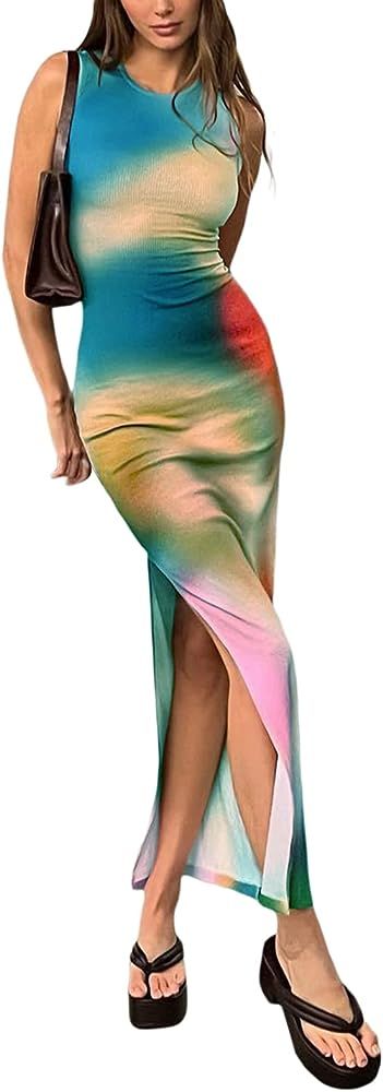 Women Casual Tie Dye Print Sleeveless Bodycon Maxi Tank Dresses Y2k Side Split Knee Length Long B... | Amazon (US)