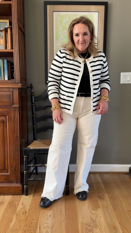 Easy monochromatic look. 
These ecru jeans are the best fit. A slimming panel. I’m wearing a 12. Good stretch but holds its shape. And on sale!

Striped lady jacket is really good. Mine is getting limited in sizing but there’s a black with white stripes fully stocked. I thought these ran big. I’m in a large. 
Also linking another brand that’s a little more expensive but more available. 

Switch out loafers for a black shadow or espadrilles. I’ll link some!

And if you’re looking for a happy, love the Julie Vos black and pearl combo. Can’t be beat! Ok, well? Just depends on if you want to wear color or not. 

Spring casual business casual 



#LTKmidsize #LTKover40 #LTKfindsunder100