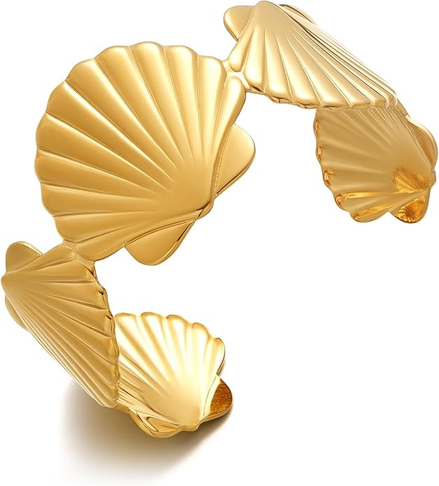 WOWORAMA Chunky Gold Shell Cuff Bracelets for Women Wide Hammered Starfish Bracelet Gold Coral Re... | Amazon (US)