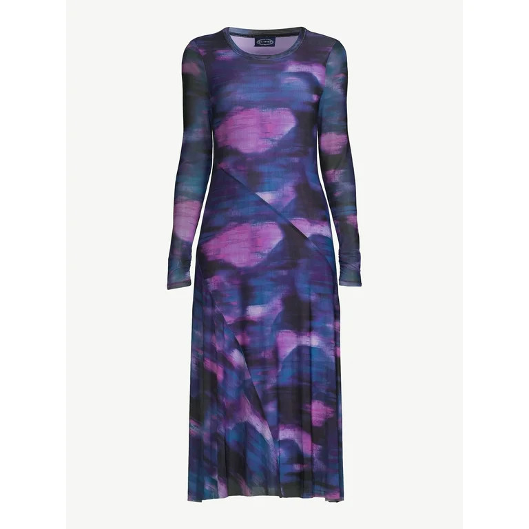 Scoop Women’s Long Sleeve Asymmetrical Seam Mesh Dress, Sizes XS-XXL | Walmart (US)