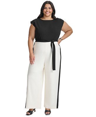 Plus Size Tie-Waist Wide-Leg Scuba Crepe Jumpsuit | Macy's Canada