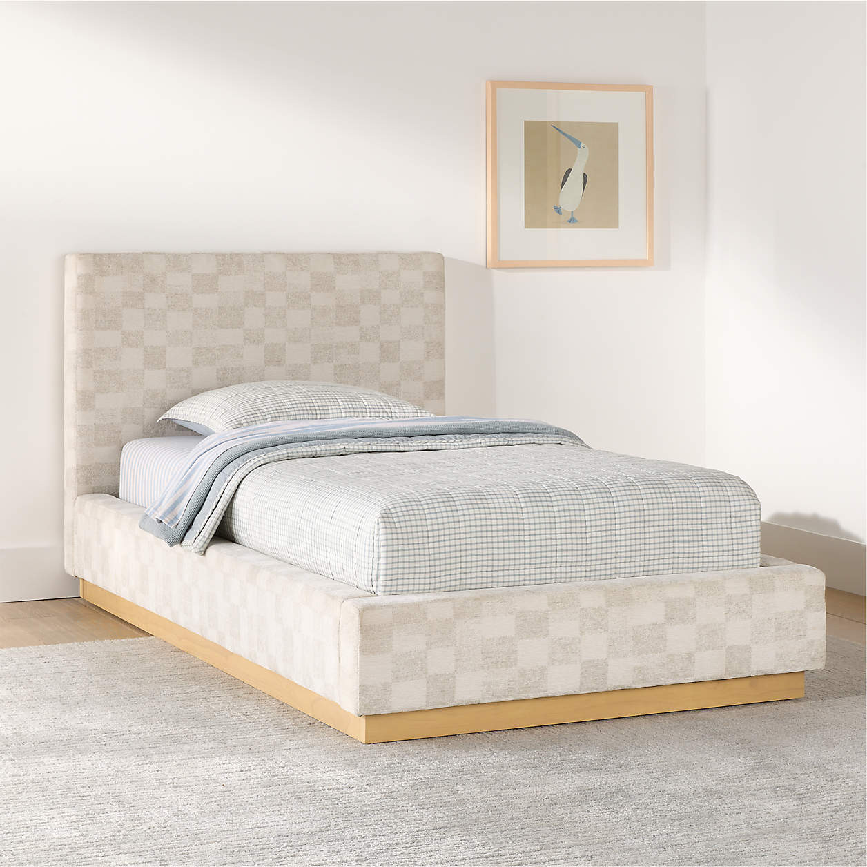 Oliver Cream and Grey Checkered Upholstered Kids Twin Bed + Reviews | Crate & Kids | Crate & Barrel