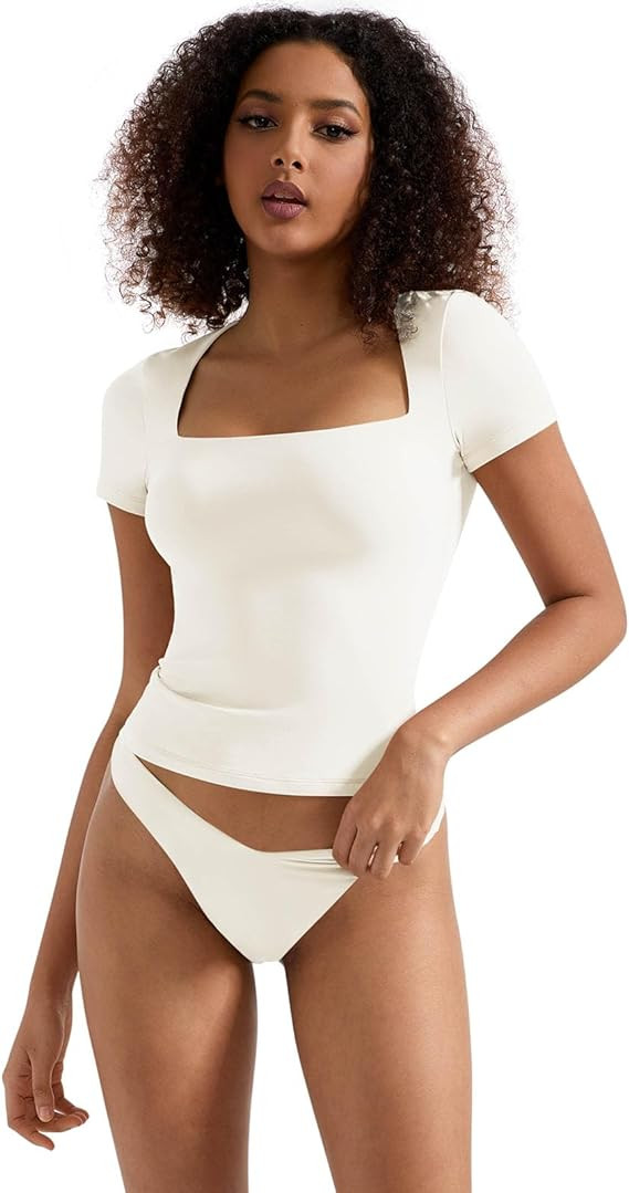 SUUKSESS Women Double Lined Fitted Basic Tee Square Neck Short Sleeve Y2K Crop Top | Amazon (US)