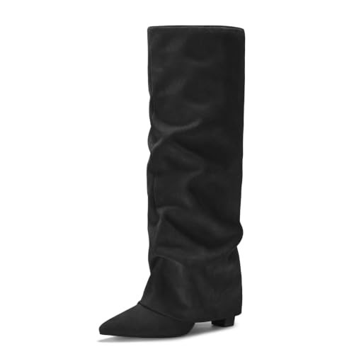 FITORY Knee High Boots Women Pull on Shark Slouchy Fold Over Tall Block | Amazon (US)