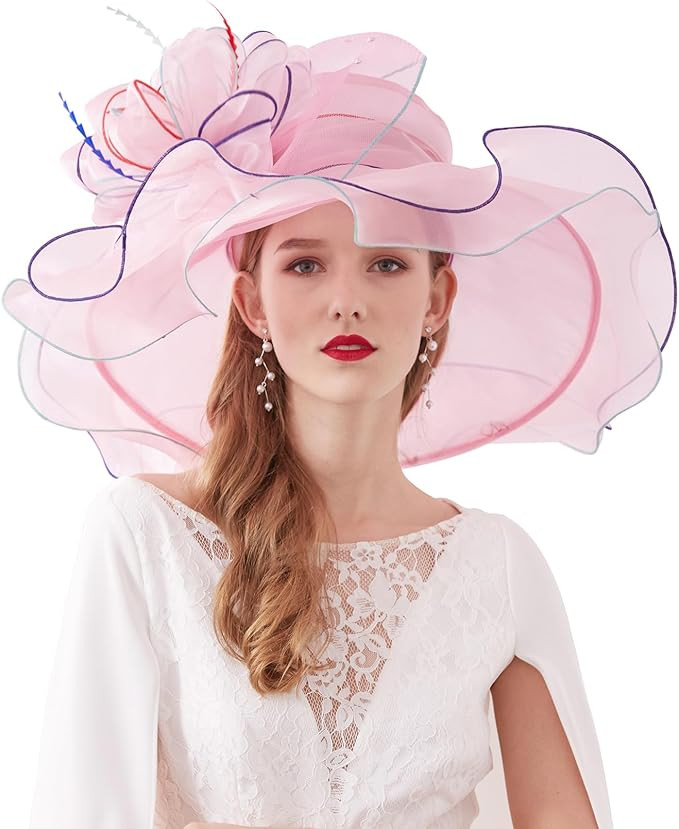 Z&X Women Organza Church Derby Hat Wide Brim Sun Hats for Wedding Tea Party Fascinator Hat, Dual-... | Amazon (US)