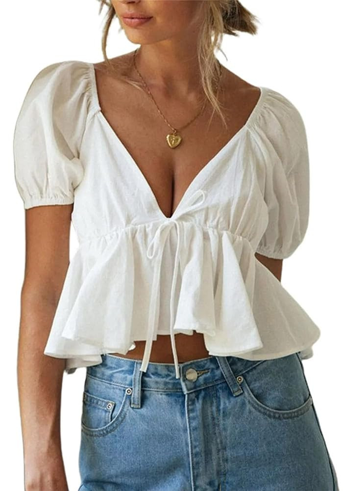 Women's Puff Short Sleeve Tie Up Back Crop Top Deep V Neck Ruffle Hem Peplum Blouse Shirts | Amazon (US)