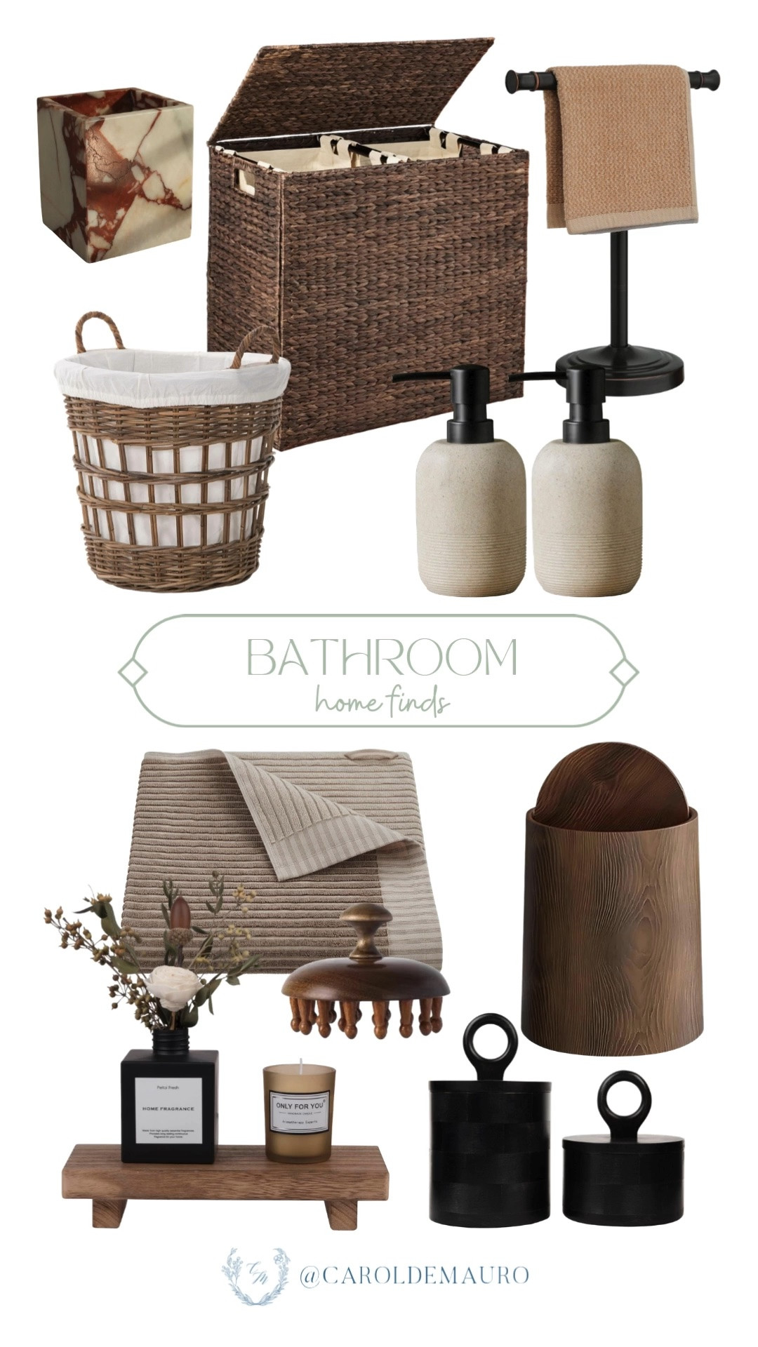 bathroom home finds, neutral home, dark wood aesthetic, woven laundry hamper, soap dispensers, marble vanity accessories, towel holder, cute trash can, wooden tray, traditional home

#LTKHome