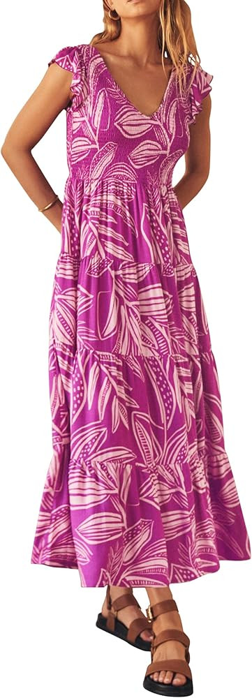 PRETTYGARDEN Women's Summer Flowy Maxi Dress Casual Cap Sleeve V Neck Smocked Beach Sundress | Amazon (US)