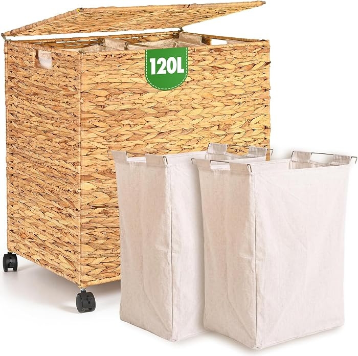 Livole Wicker Laundry Hamper 2 Sections with Lid & Wheel, 30 Gallon (120 L) Handwoven Water Hyaci... | Amazon (US)