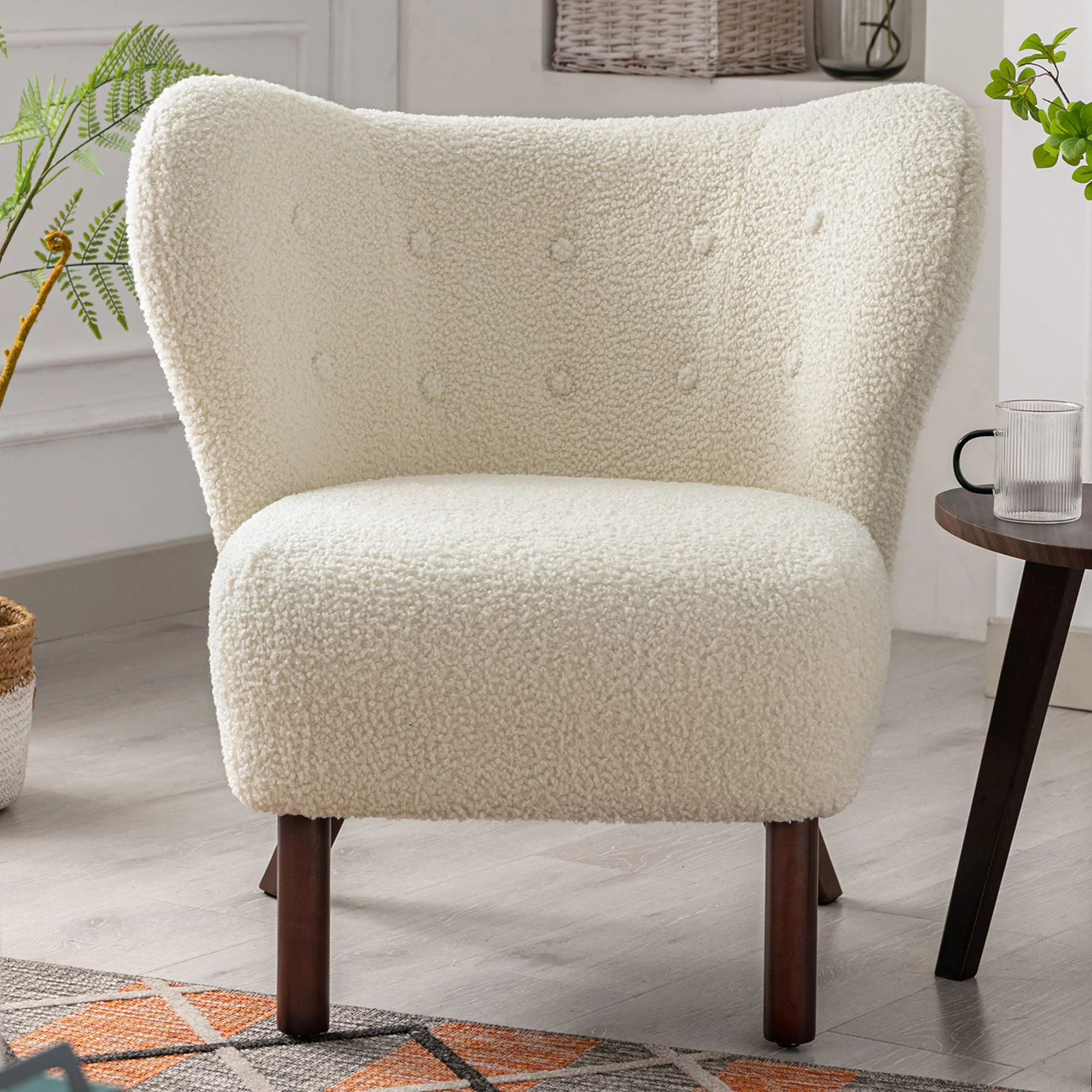 Wingback Accent Chair, Lambskin Tufted Side Chair, Sherpa Armless Chair with Solid Wood Legs, Cre... | Walmart (US)