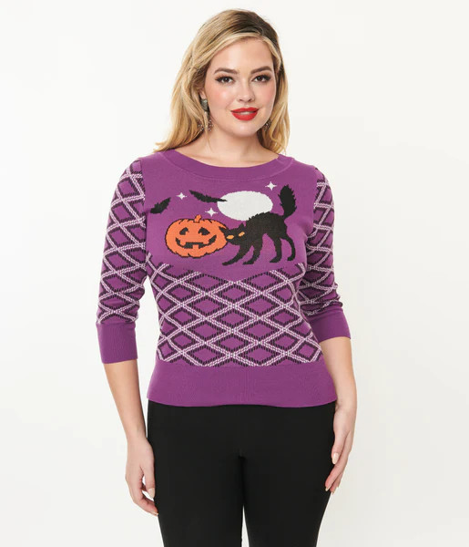 Smak Parlour Purple Plaid & Black Cat Sweater | UniqueVintage