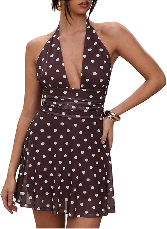 Milumia Women's Polka Dots Ruched Backless Halter Mini Dress Sexy Deep V Neck A Line Short Dresse... | Amazon (US)