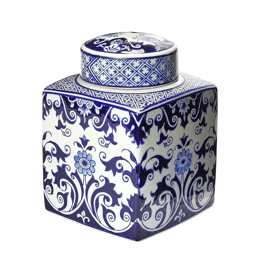 Creative Co-Op Decorative Square Ceramic Ginger Jar with Lid for Small Spaces, Blue and White | Amazon (US)