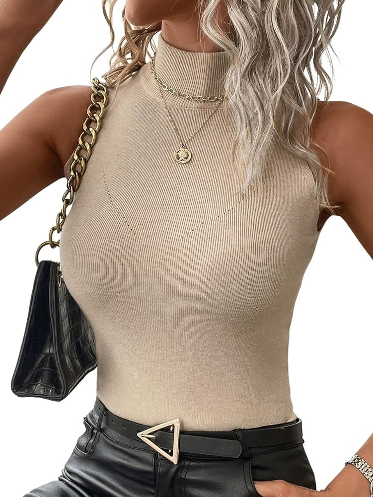 Verdusa Women's Basic Tops Turtle Mock Neck Sleeveless Shirts Slim Fitted Knit Fall Tank Top | Amazon (US)