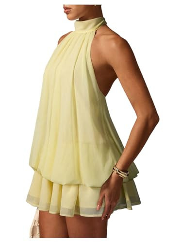 OYOANGLE Women's Chiffon Halter Dress Tie Backless Ruffled Short Bubble Dress Y2K Going Out Sundress Yellow Medium | Amazon (US)
