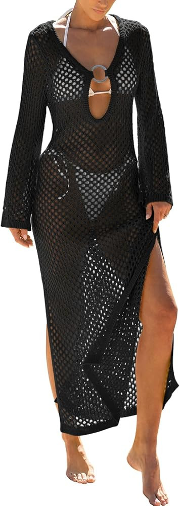 Caracilia Women Swimsuit Coverup Crochet Bathing Suit Swim Cover Ups for Swimwear Summer Long Sle... | Amazon (US)