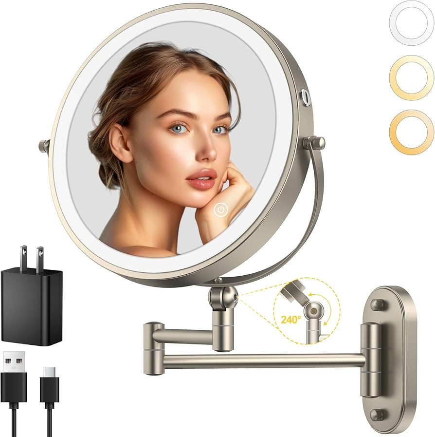 9" Wall Mounted Lighted Makeup Mirror,4000mAh Rechargeable Double Sided 1X/10X Magnifying Mirror ... | Amazon (US)