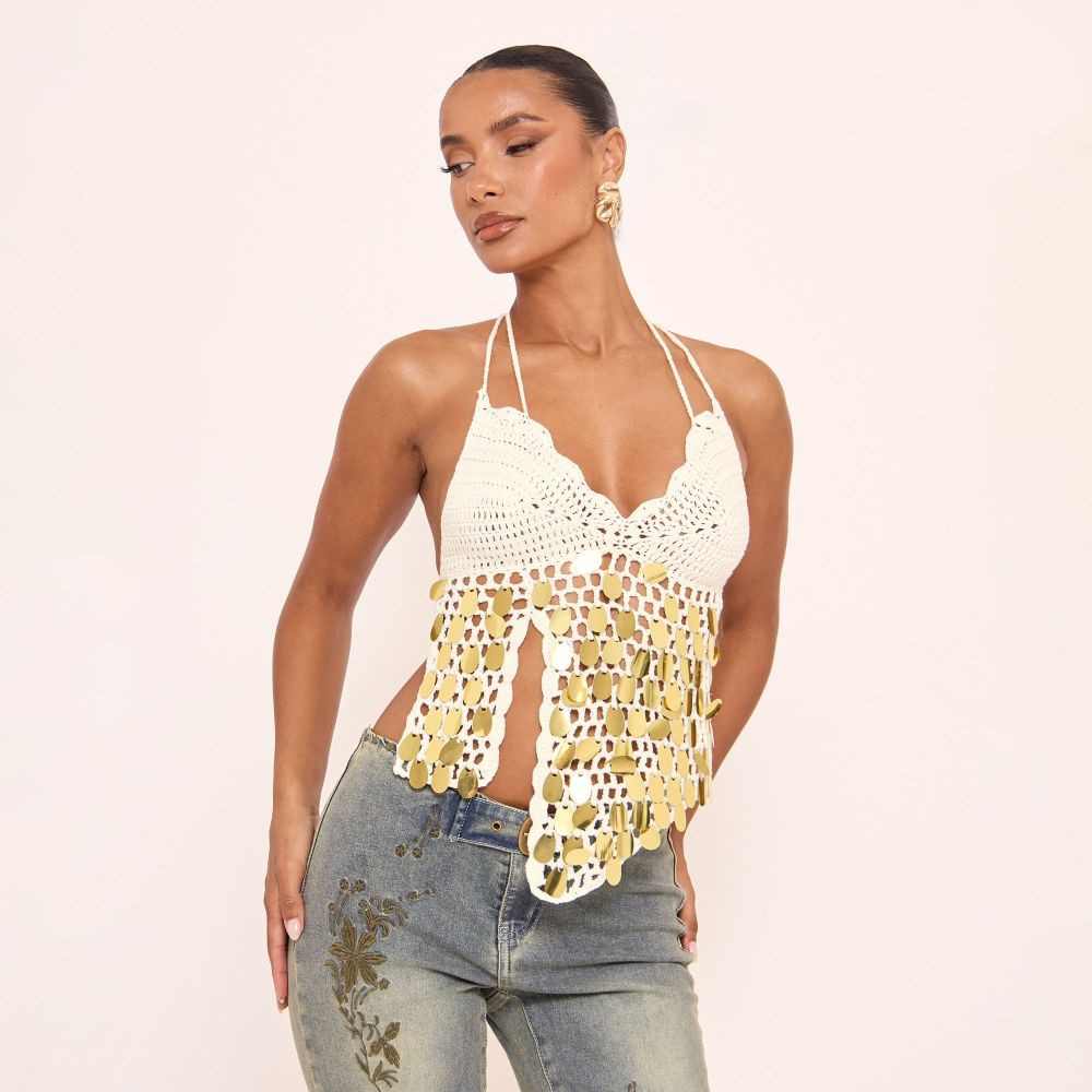 Halterneck Disc Sequin Detail Top In Cream Crochet Knit | EGO (UK)