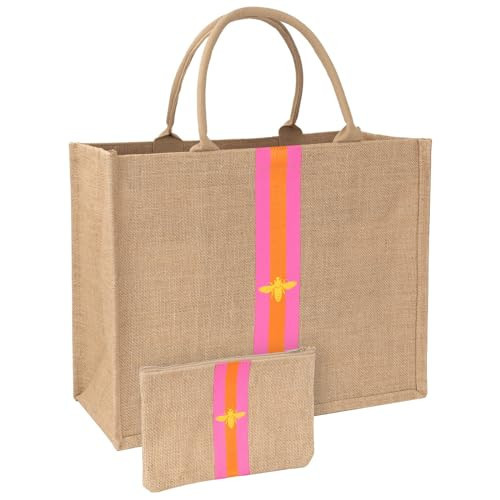 Large Beach Bag Jute Woven Pink and Orange. Pool and beach bags for women, use as a travel tote bag for the beach that packs flat. | Amazon (US)