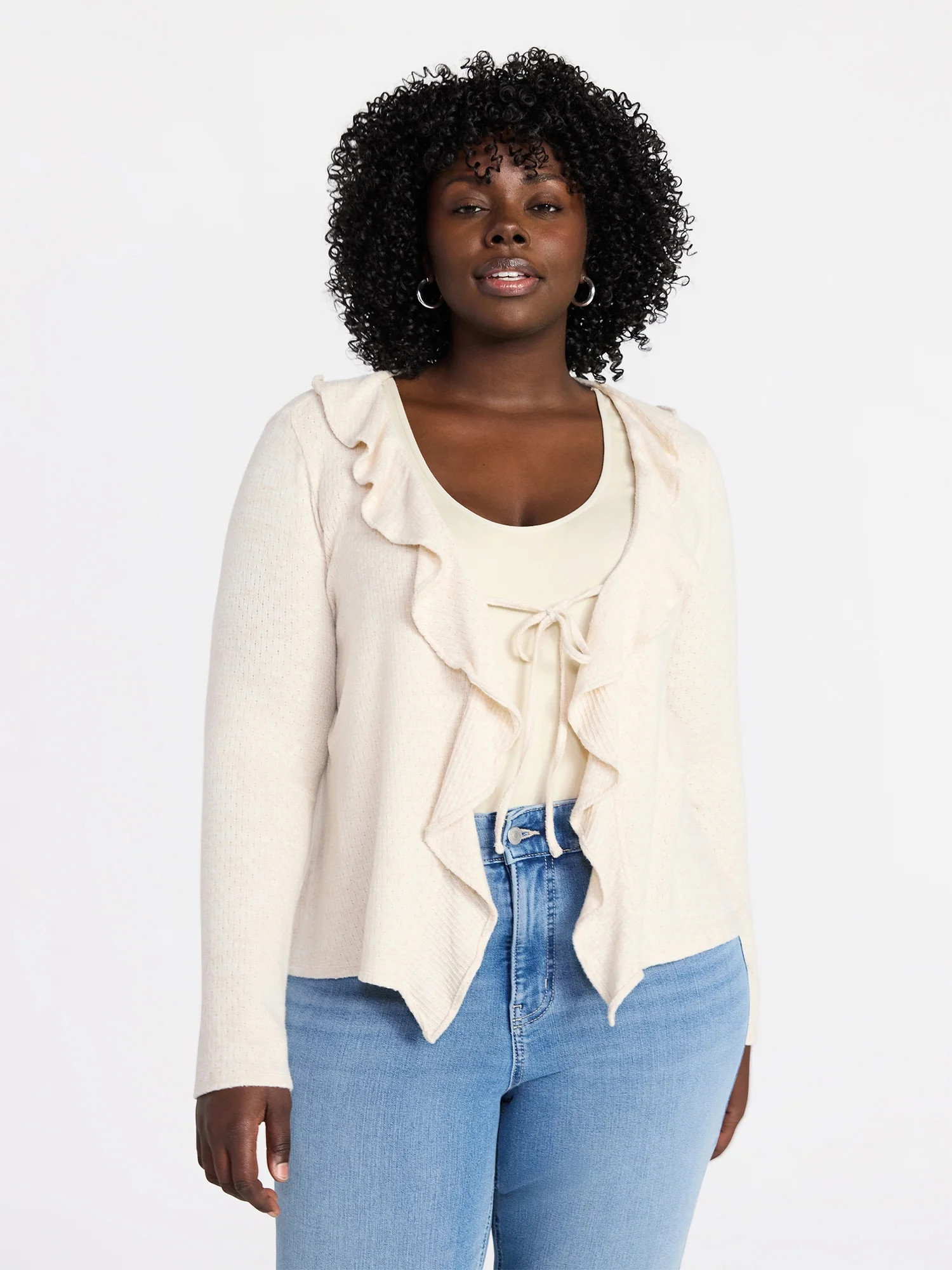 Terra & Sky Women’s Plus Tie Front Ruffle Cardigan Sweater, Sizes 0X-4X | Walmart (US)