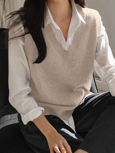 DAZY 1pc Women's V-Neck Solid Color Sweater Vest  SKU: sz2312310619456658(1000+ Reviews)9-5 Style... | SHEIN