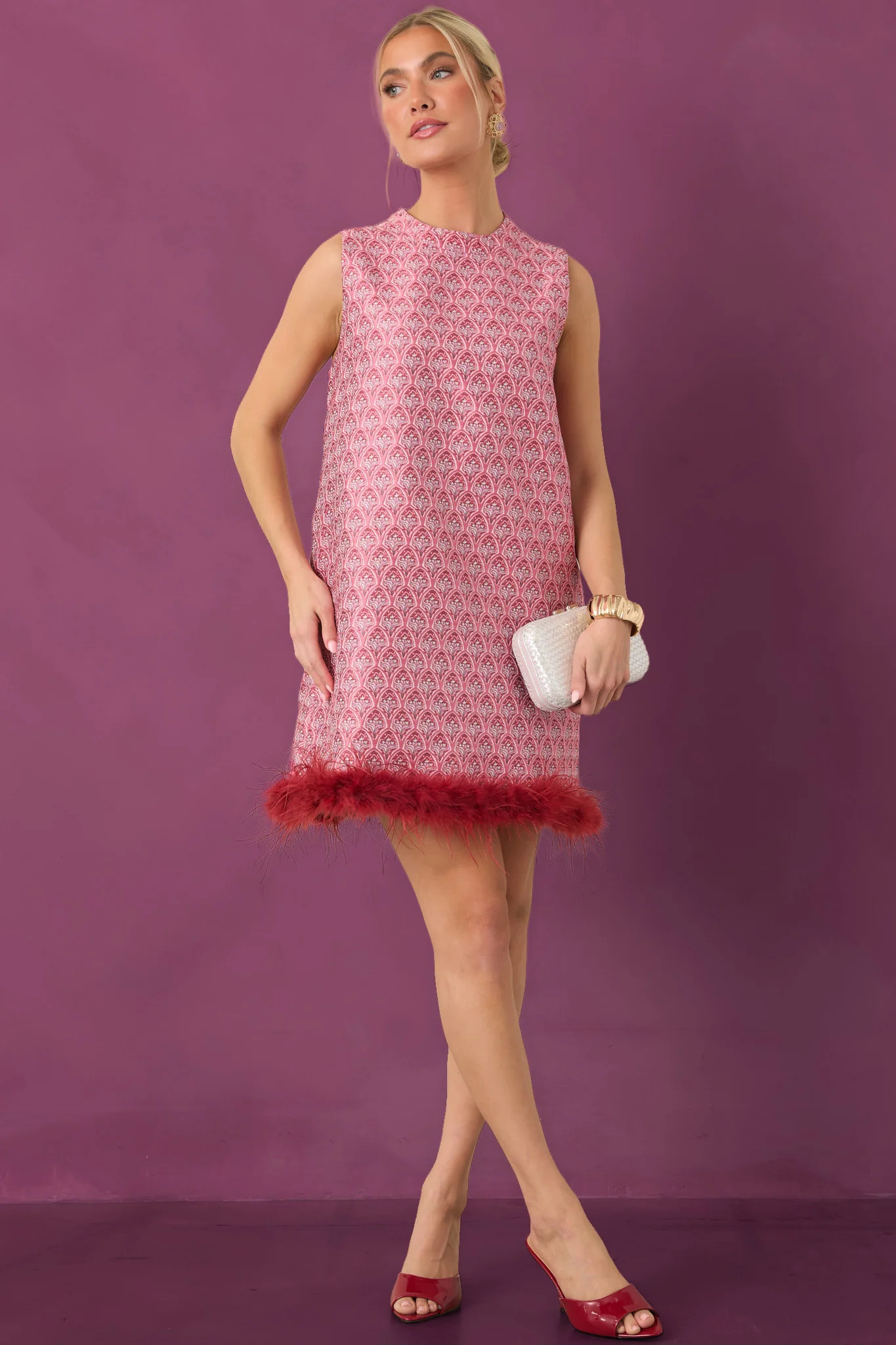 Fancy Seeing You Here Rose Pink & Burgundy Feather Trim Mini Dress | Red Dress