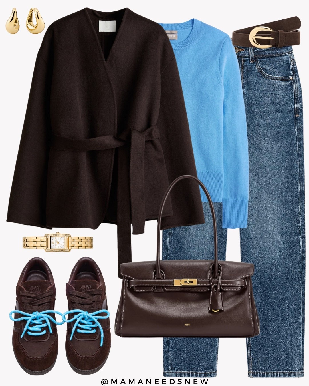A fall outfit with a belted jacket, sweater, jeans, sneakers, shoulder bag 🍂

#LTKStyleTip #LTKSaleAlert #LTKShoeCrush