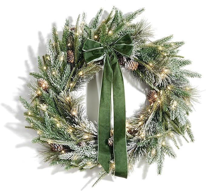 Cypress Christmas Wreath with Lights, 22 Inch Wreath with 100 Battery Operated LED Lights and Vel... | Amazon (US)