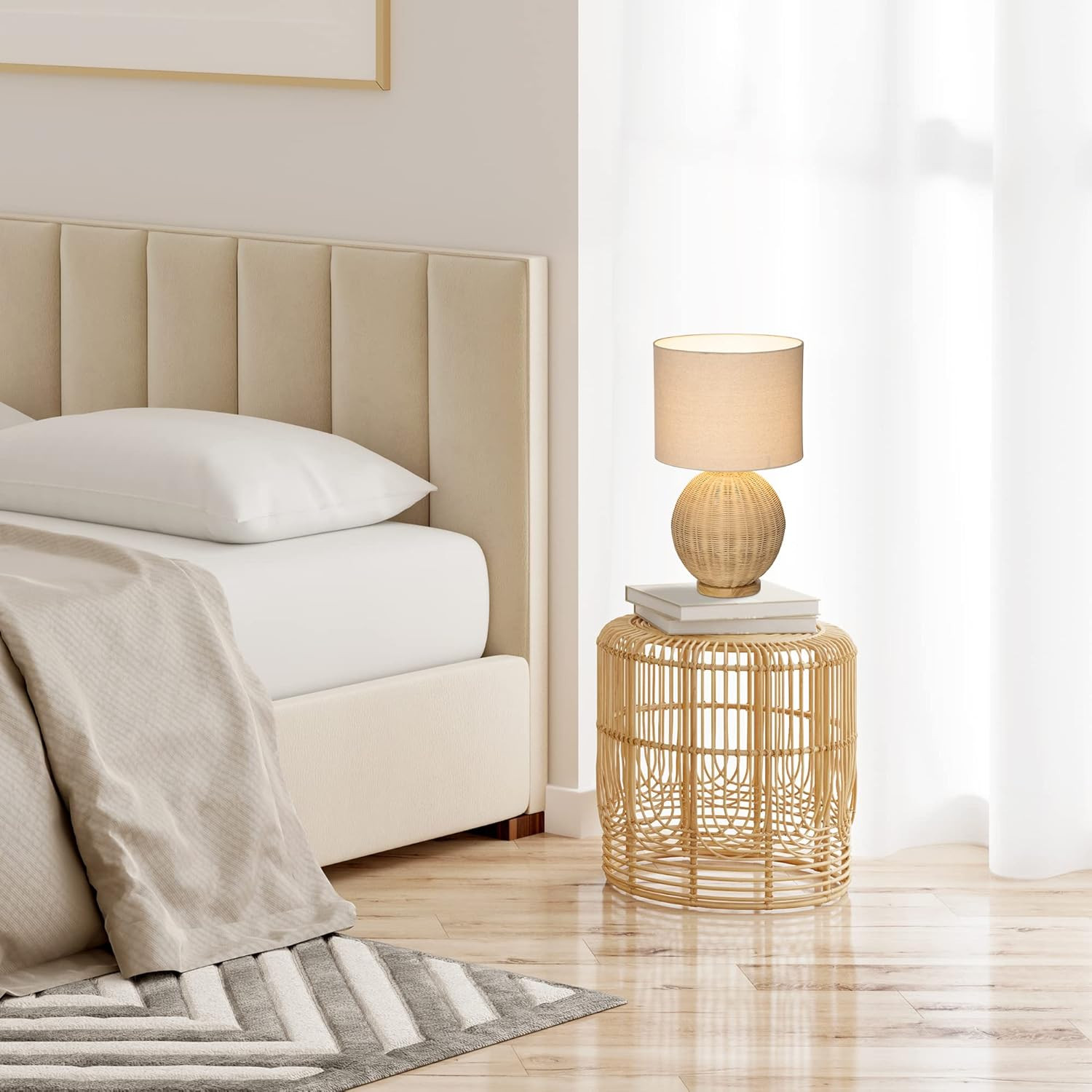 HOMCOM Nautical Style Table Lamp, Bedside Reading Light with White Fabric Lampshade and Rattan Ba... | Amazon (US)