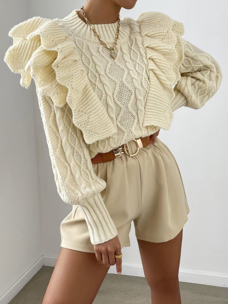 Cable Knit Ruffle Trim Lantern Sleeve Sweater | SHEIN