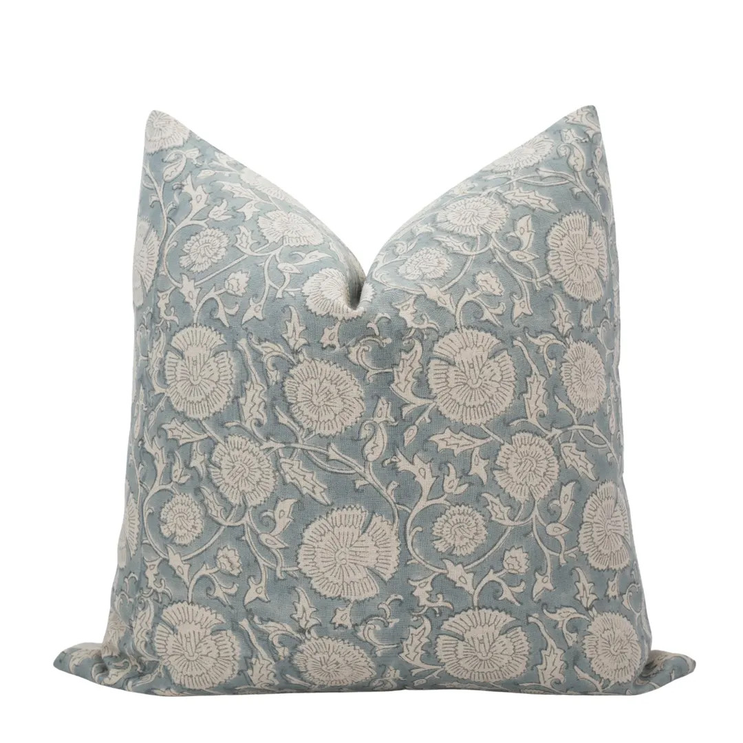 LIVY || Muted Blue Floral Pillow Cover Blue Block Print Pillow Farmhouse Pillow Spring Pillow Lig... | Etsy (US)