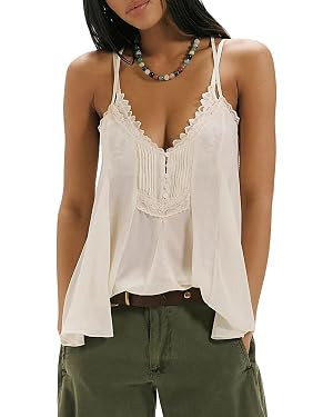 Womens Camisole Tops Adjustable Straps V Neck Sheer Tops Summer Y2K Lace Trim Flowy Going Out Tan... | Amazon (US)