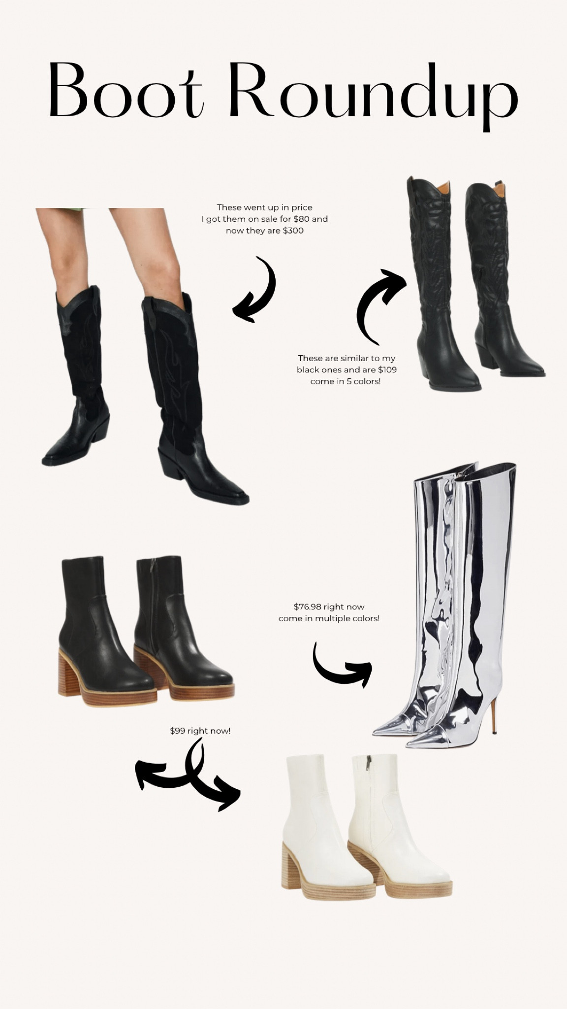 Fall boots.
Booties.
Cowboy boots.
Heels.
Metallic.
Neutral.


#LTKshoecrush #LTKSeasonal #LTKunder100