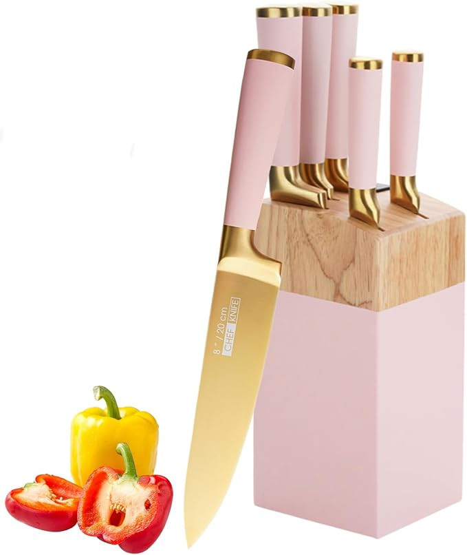 Gold Pink Kitchen Knife Set，7Pcs Gold Titanium Coated Dishwasher Safe Knife Block Sets,Wooden B... | Amazon (US)