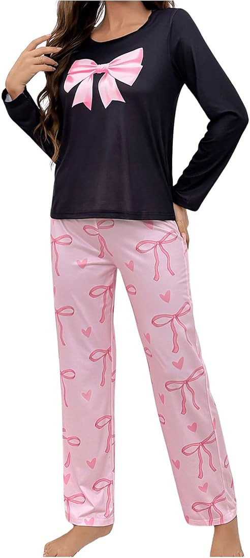 MakeMeChic Women's Two Piece Y2K Pajama Set Bow Print Crew Neck Tee Top Long Pants Set Sleepwear ... | Amazon (US)