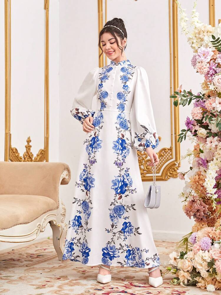 SHEIN Teen Girls' Woven Pearl Button Decor Stand Collar Lantern Sleeve Floral Print Dress | SHEIN