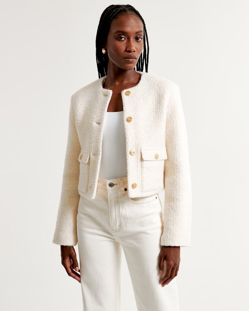 Women's Collarless Boucle Jacket | Women's | Abercrombie.com | Abercrombie & Fitch (US)