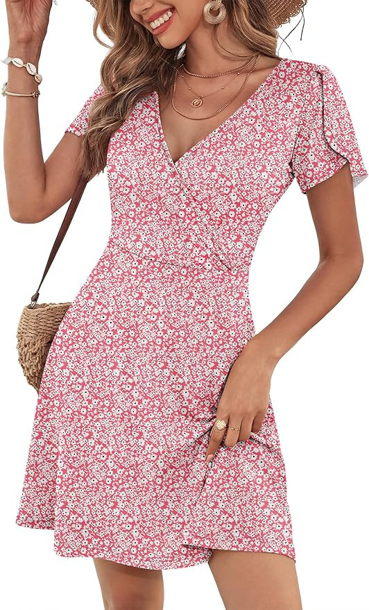 ANRABESS Womens Summer Dresses Short Sleeve Wrap V Neck A-Line Floral Mini Dress Causal Flowy Boh... | Amazon (US)