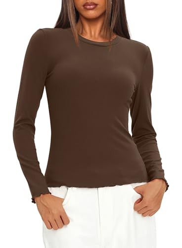 Darong Women Long Sleeve Shirts Slim Fit Tops Basic Tee 2025 Cute Lettuce Trim Undershirt Going O... | Amazon (US)