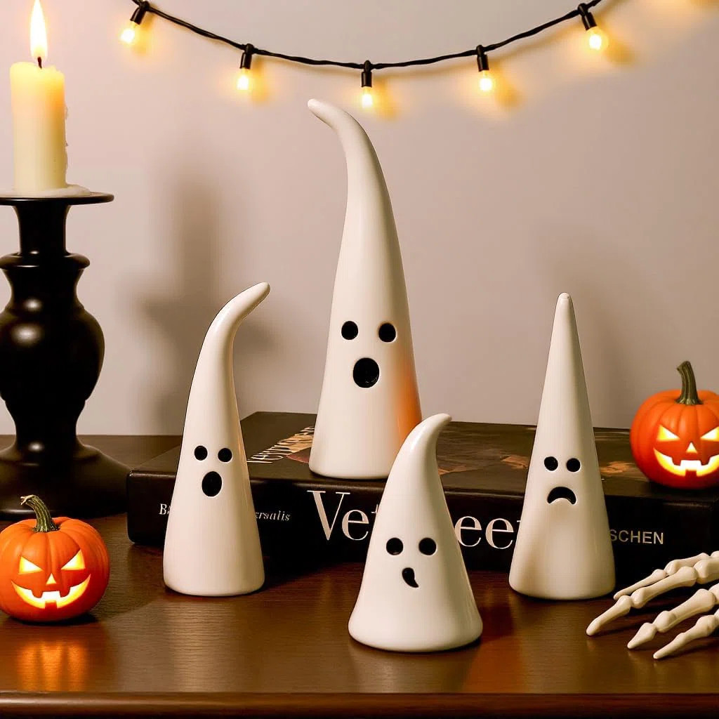 Halloween Ceramic Ghost Figurine: 4 pcs Cute White Ghosts Decorations, Small Statue With Pointy T... | Wayfair North America